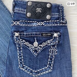 Miss Me Dark Blue Embroidered Straight leg Jeans with Rhinestones